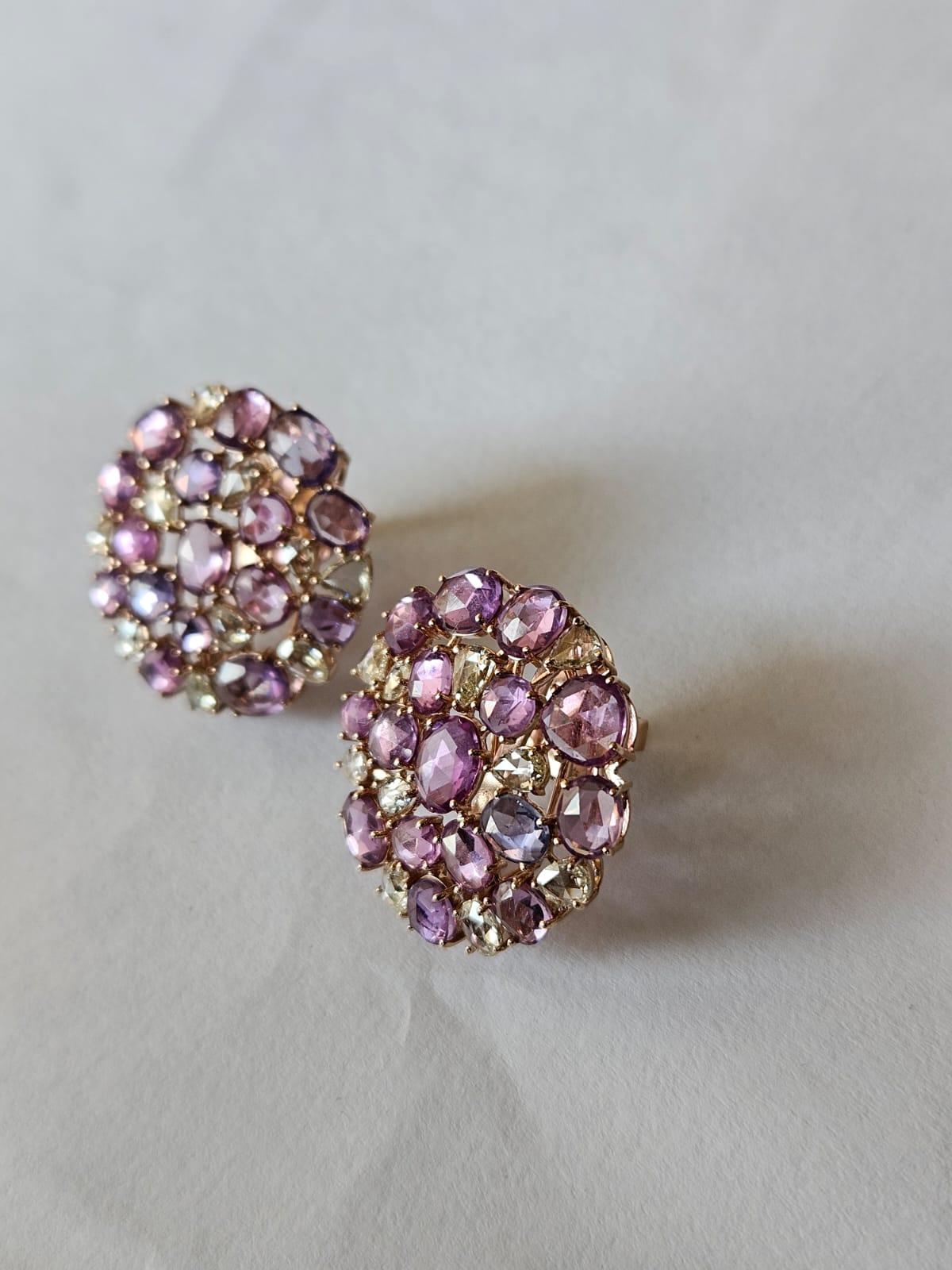 Modern Set in 18K Gold, 11.74 carats, Rose Cut Multi Sapphires & Diamonds Stud Earrings For Sale