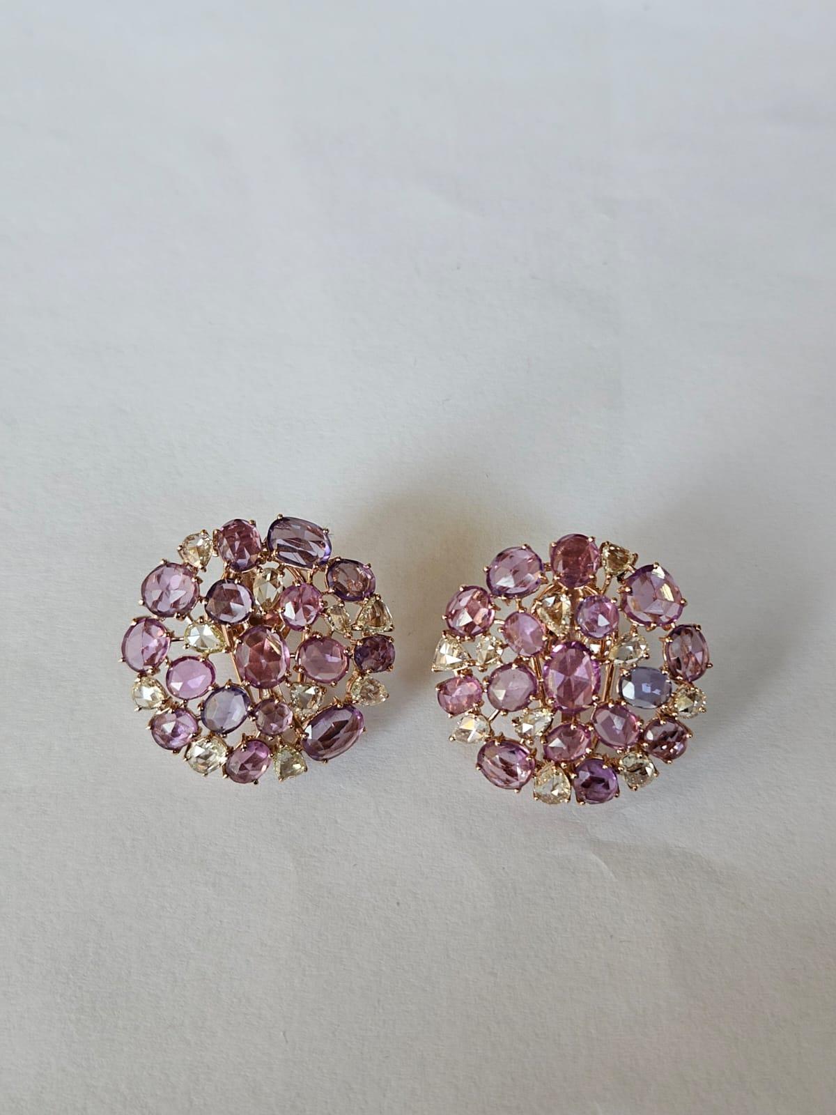 Set in 18K Gold, 11.74 carats, Rose Cut Multi Sapphires & Diamonds Stud Earrings In New Condition For Sale In Hong Kong, HK