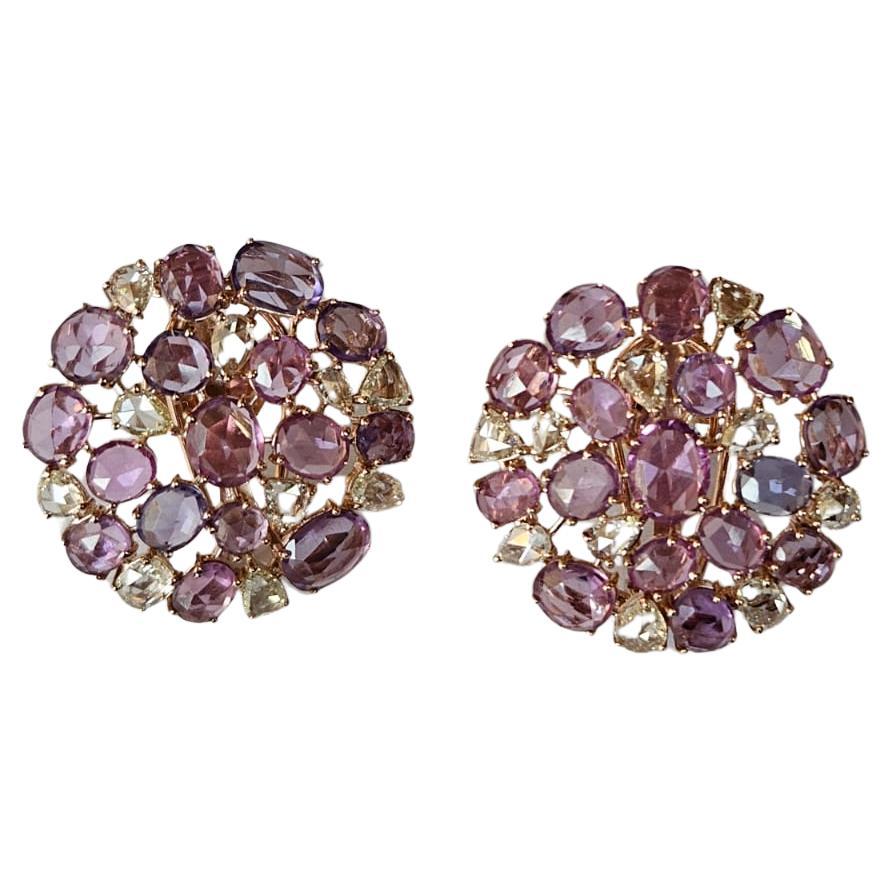 Set in 18K Gold, 11.74 carats, Rose Cut Multi Sapphires & Diamonds Stud Earrings For Sale