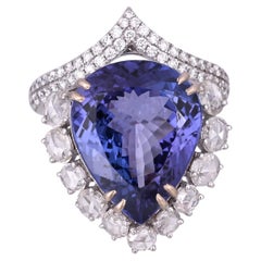Set in 18K Gold, 11.75 carats, Tanzanite & Rose Cut Diamonds Engagement Ring
