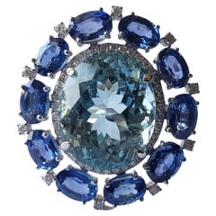 Set in 18k Gold, 12.00 Carats Aquamarine, Blue Sapphire & Diamonds Cocktail Ring