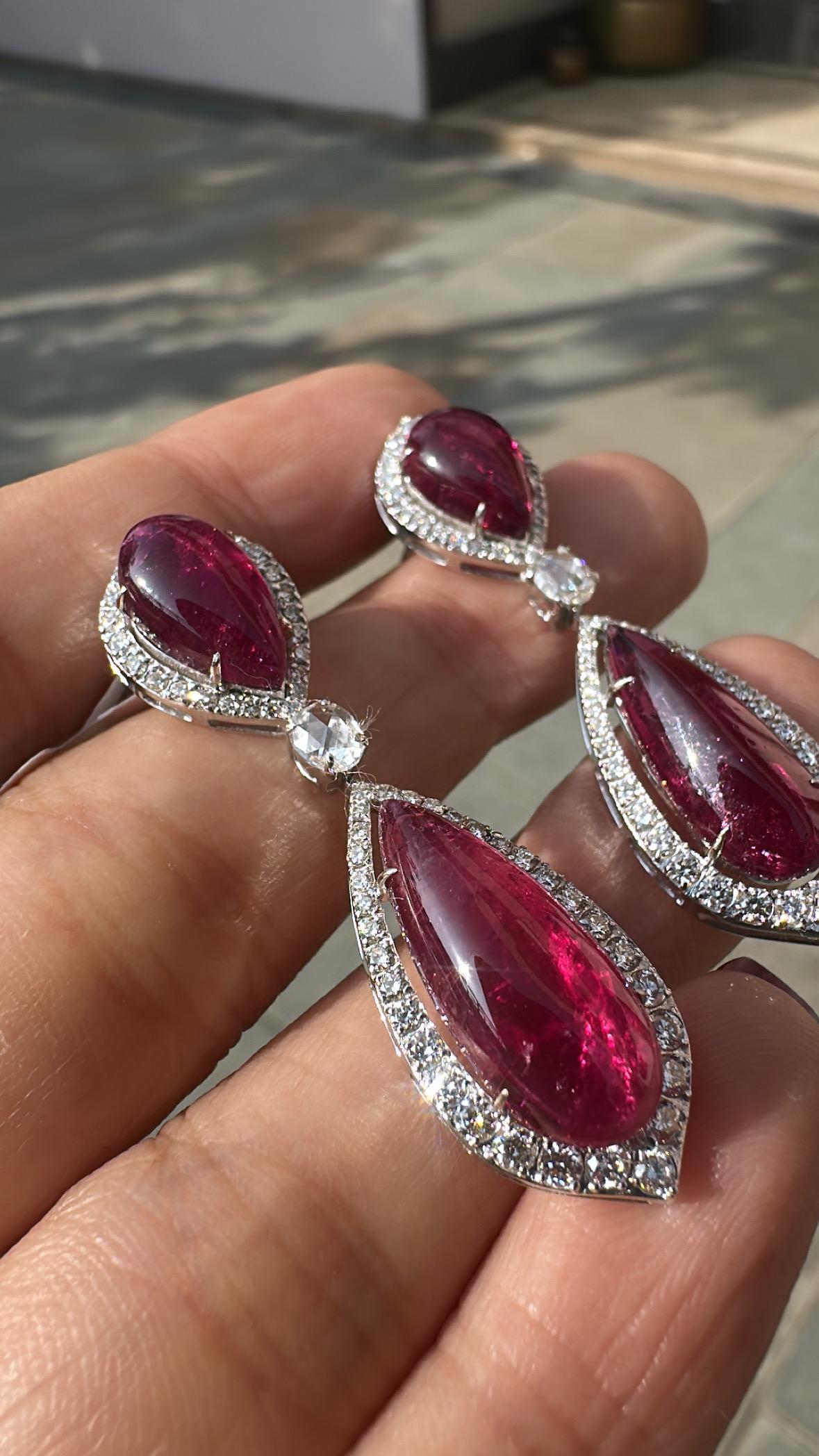 da uomo o donna Orecchini pendenti in oro 18 carati, cabs di rubellite da 12,16 carati e diamanti taglio rosa