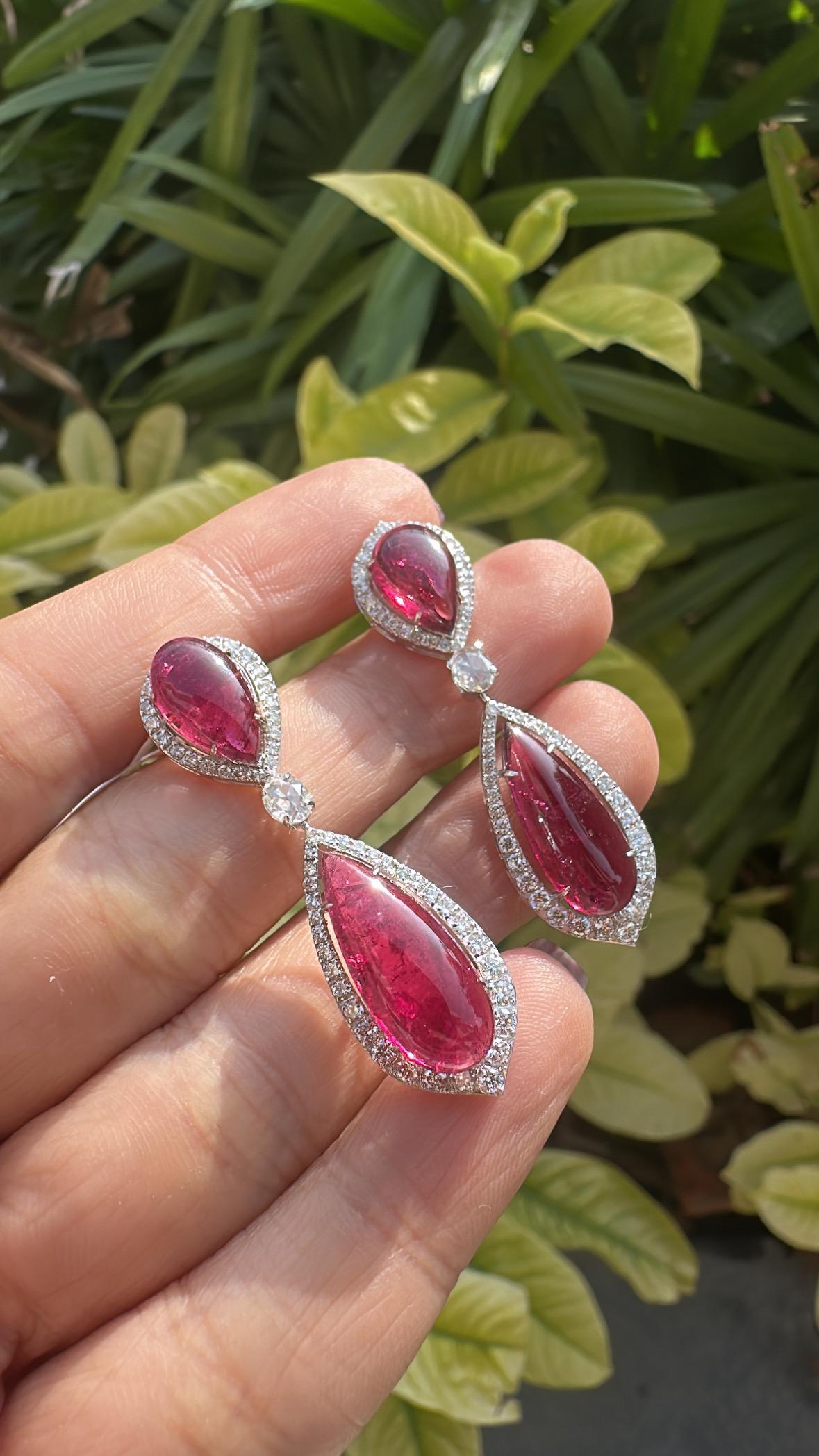 Orecchini pendenti in oro 18 carati, cabs di rubellite da 12,16 carati e diamanti taglio rosa 3