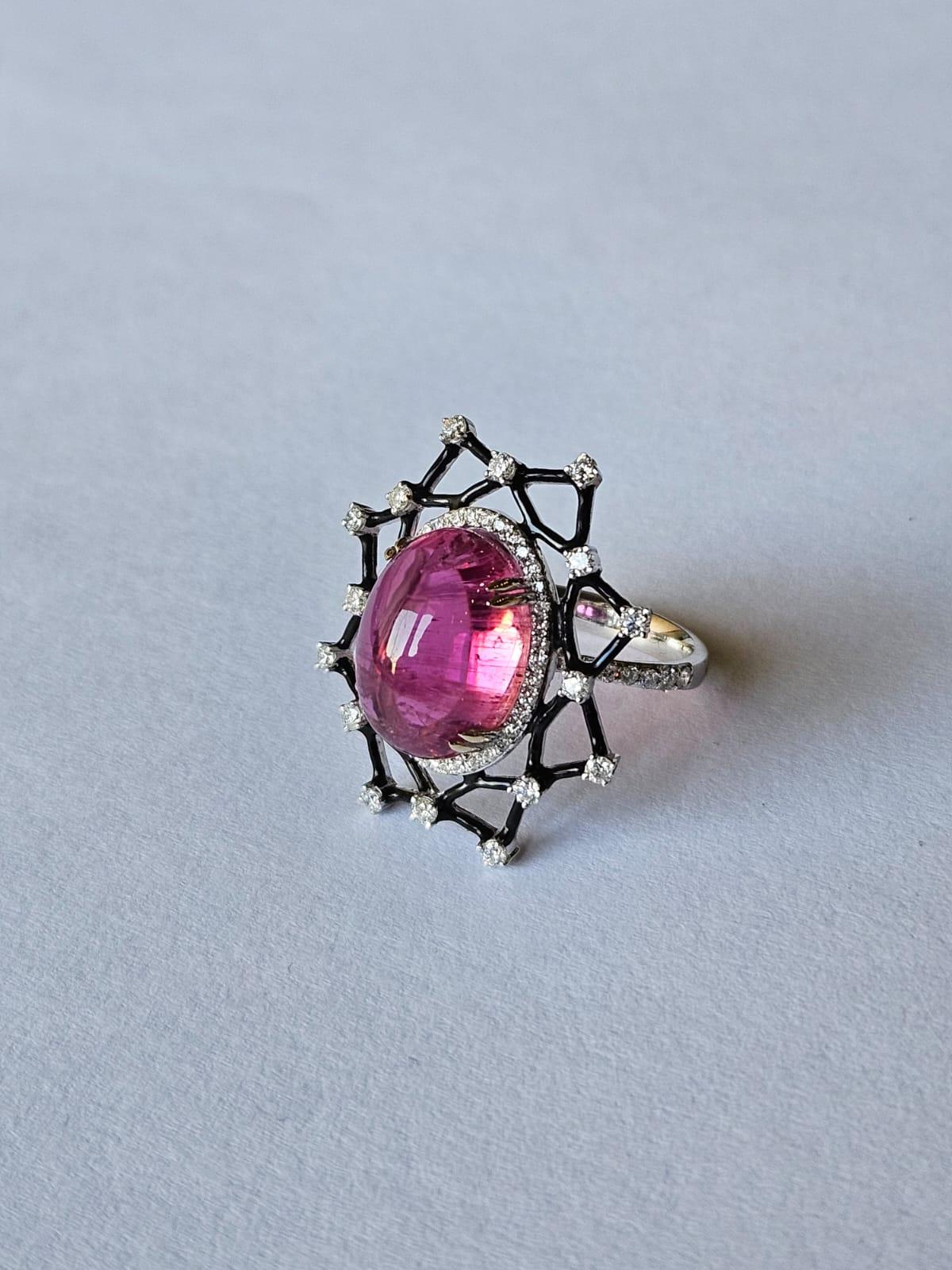 Cabochon Set in 18K Gold, 12.18 carats, Tourmaline, Black Enamel & Diamonds Cocktail Ring For Sale