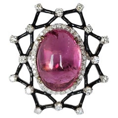 Set in 18K Gold, 12.18 carats, Tourmaline, Black Enamel & Diamonds Cocktail Ring