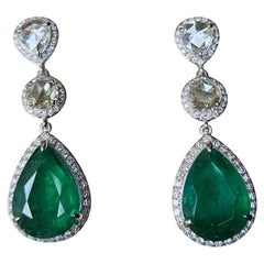 Set in 18K Gold, 12.36 carats Zambian Emerald & Rose Cut Diamonds Drop Earrings