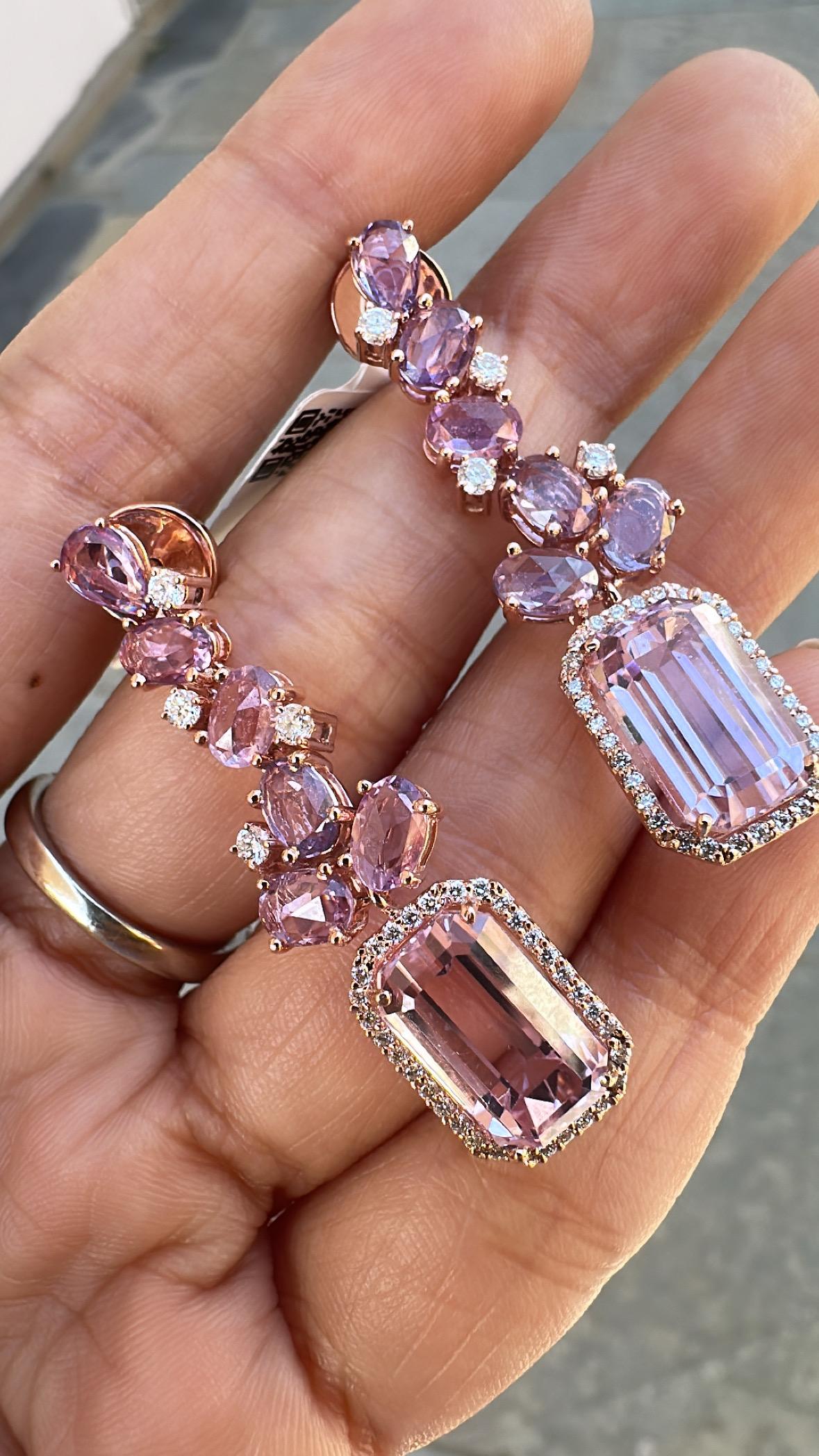 Ohrhänger aus 18 Karat Gold, 12,43 Karat Kunznite, rosa Saphiren und Diamanten im Angebot 5