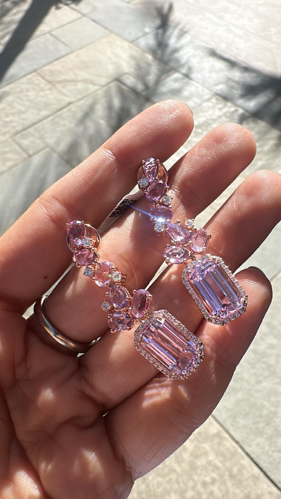 Ohrhänger aus 18 Karat Gold, 12,43 Karat Kunznite, rosa Saphiren und Diamanten im Angebot 6