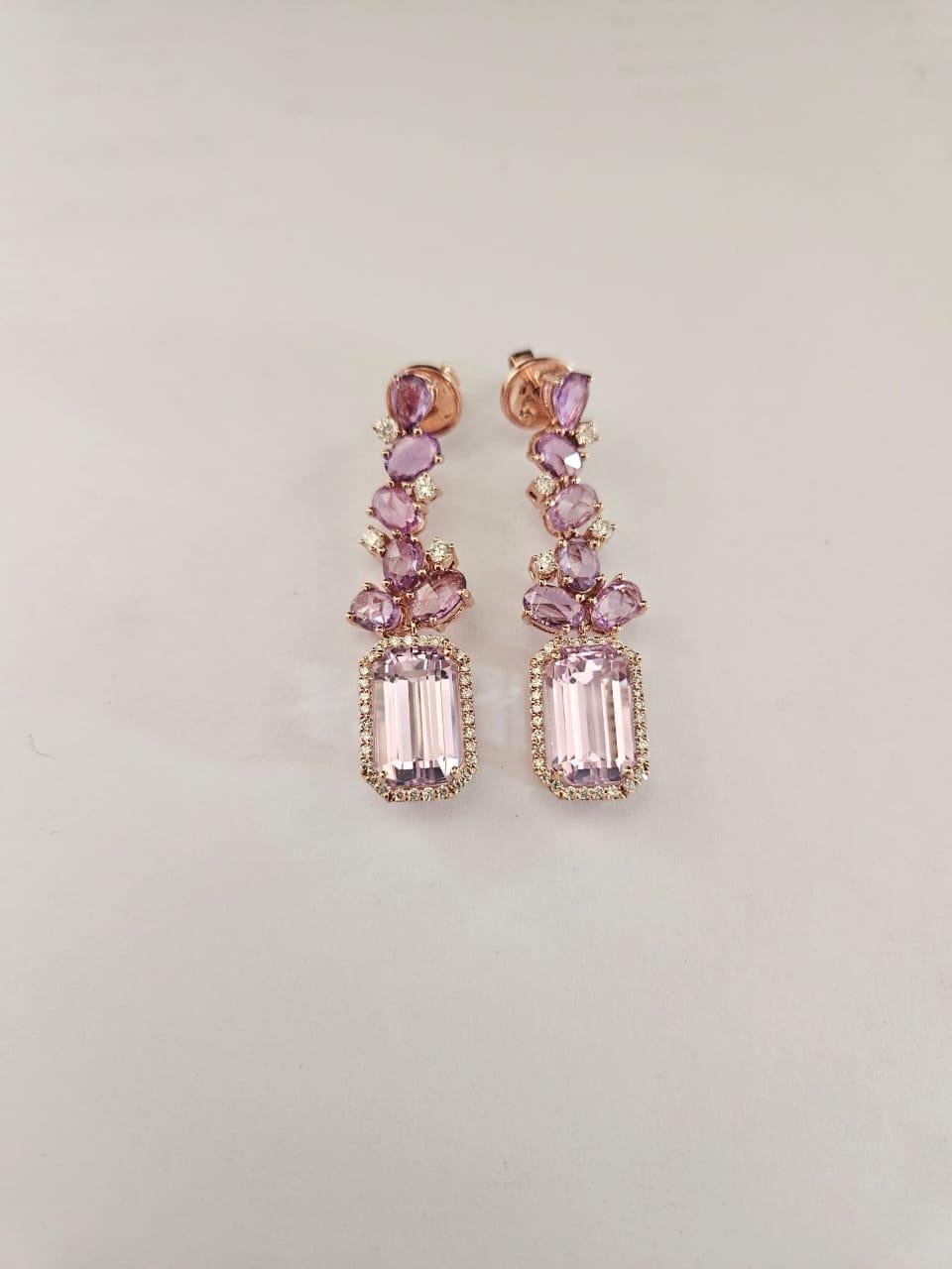 Ohrhänger aus 18 Karat Gold, 12,43 Karat Kunznite, rosa Saphiren und Diamanten (Moderne) im Angebot