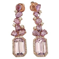 Set in 18K Gold, 12.43 carat Kunznite, Pink Sapphires & Diamond Dangle Earrings