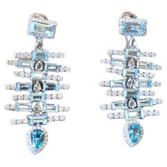 Set in 18K Gold, 12.60 Carats Aquamarine & Rose Cut Diamonds Chandelier Earrings