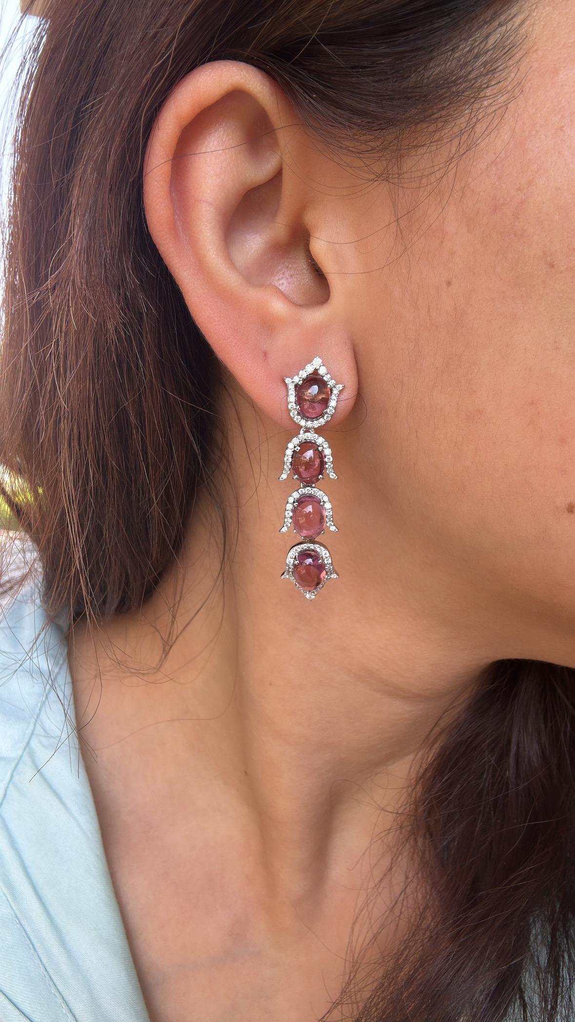 Set in 18K Gold, 12.98 carat, Rubellite cabochons & Diamonds Chandelier Earrings For Sale 5