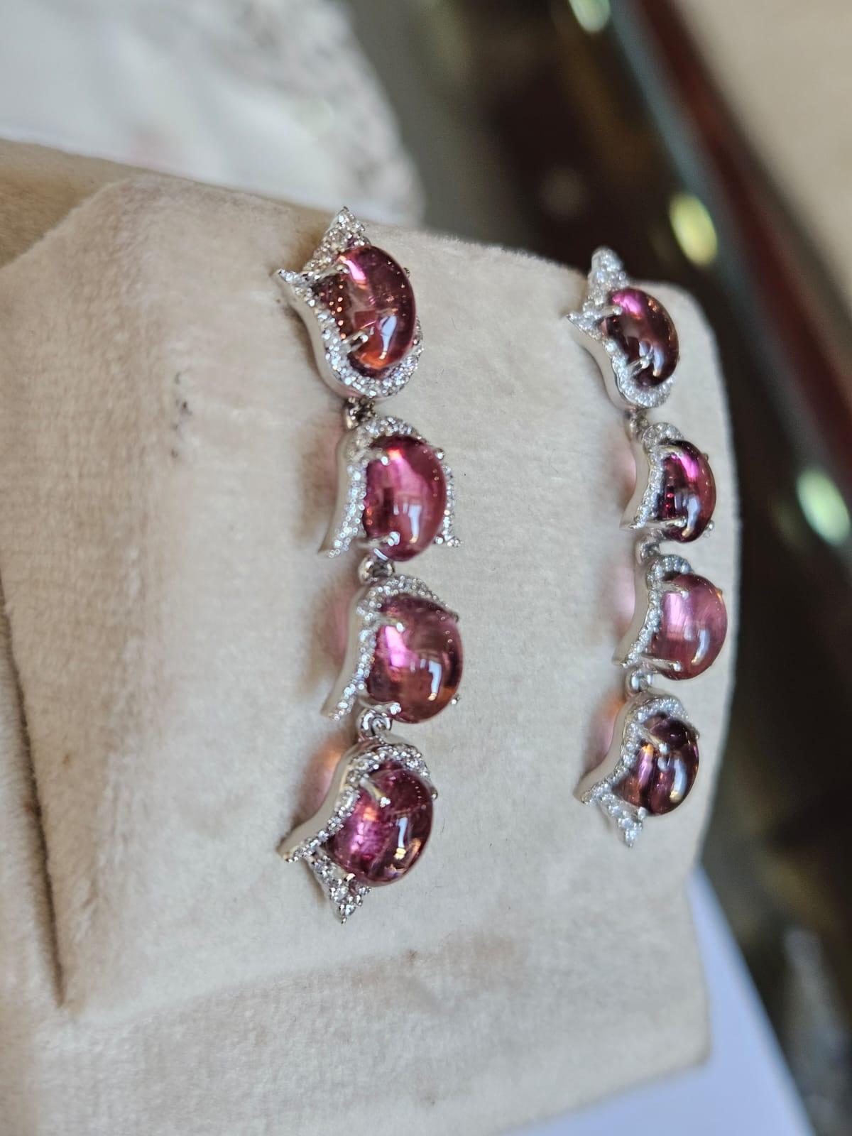 Cabochon Set in 18K Gold, 12.98 carat, Rubellite cabochons & Diamonds Chandelier Earrings For Sale