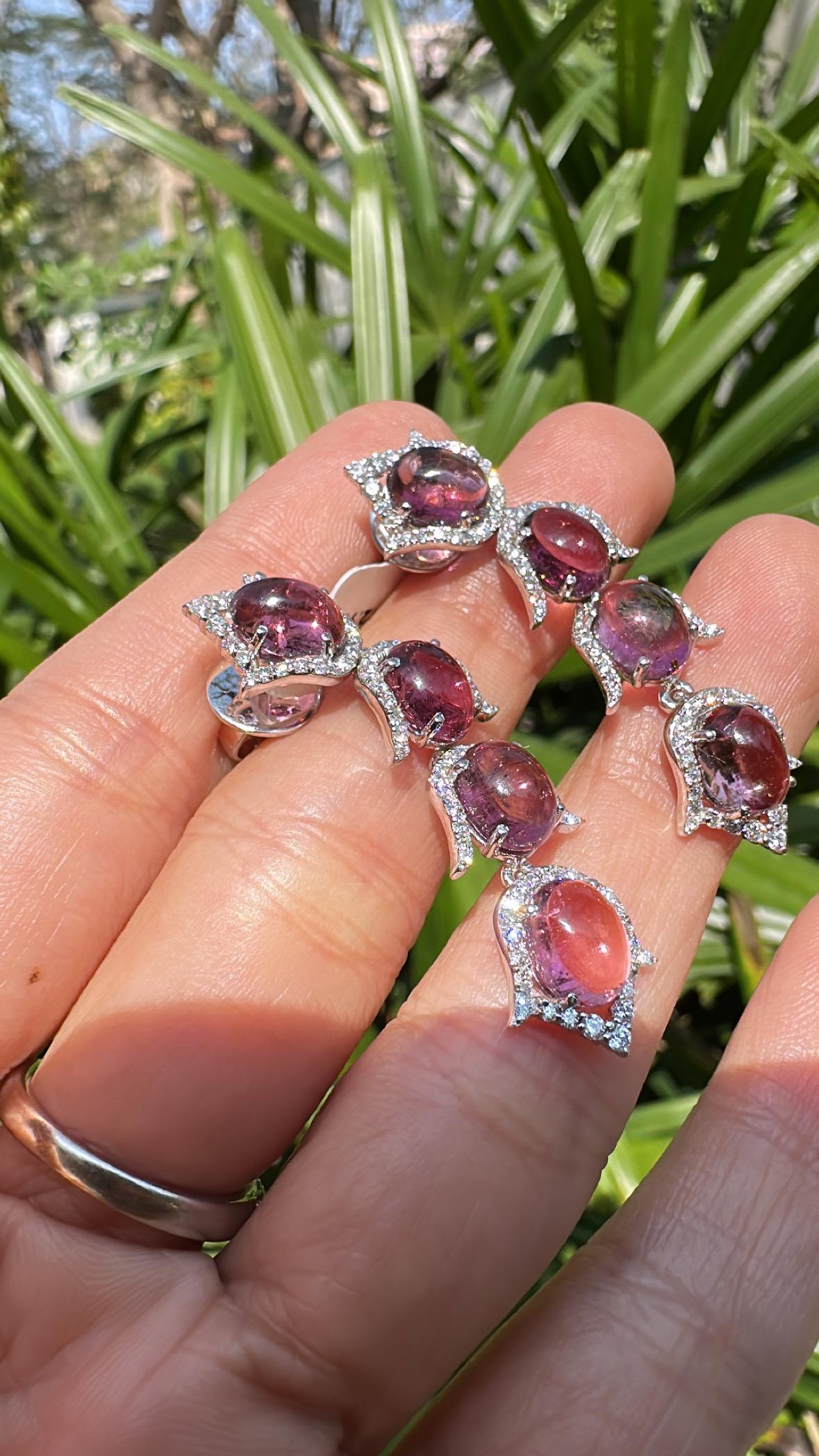 Set in 18K Gold, 12.98 carat, Rubellite cabochons & Diamonds Chandelier Earrings For Sale 1