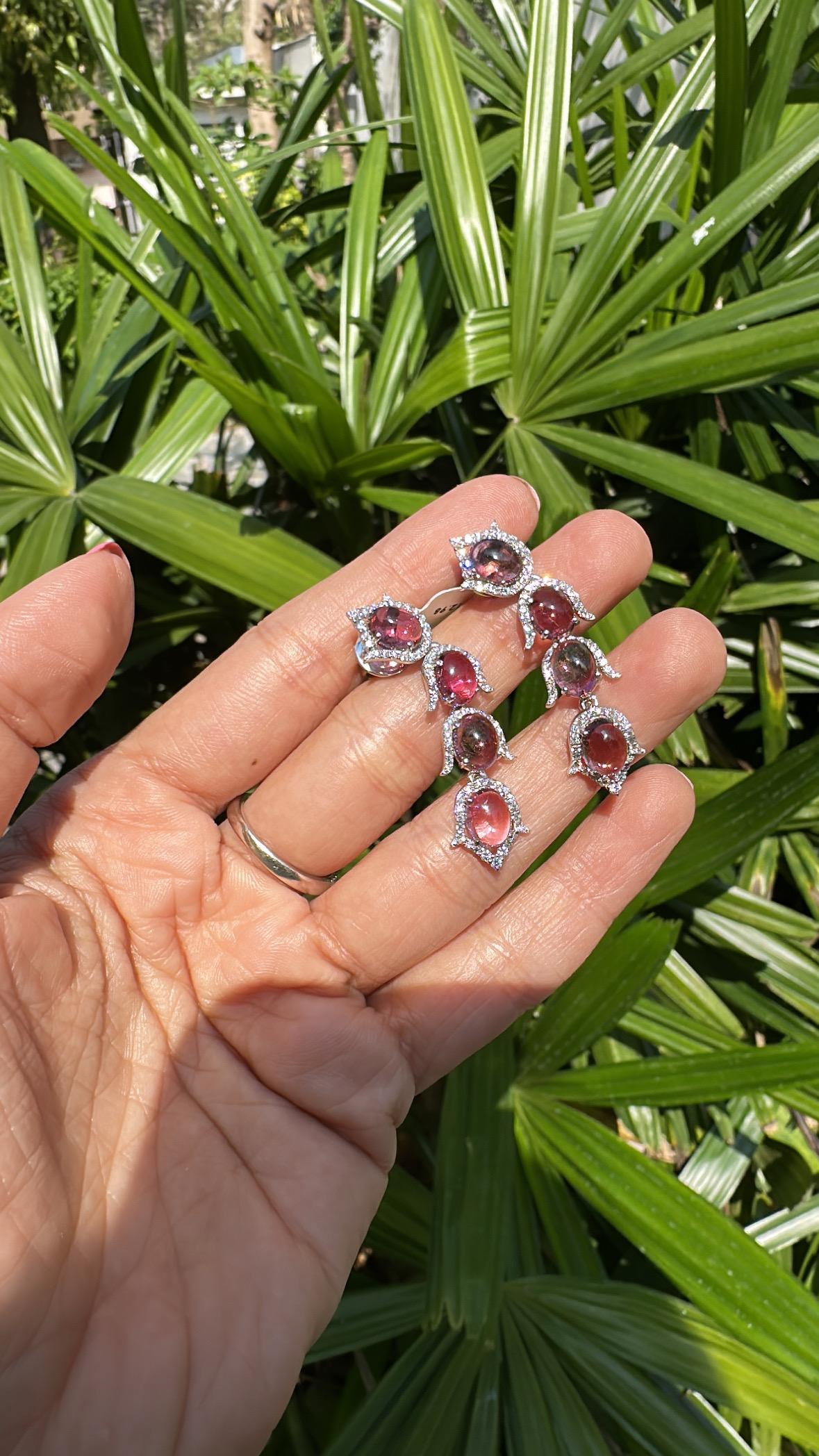 Set in 18K Gold, 12.98 carat, Rubellite cabochons & Diamonds Chandelier Earrings For Sale 2