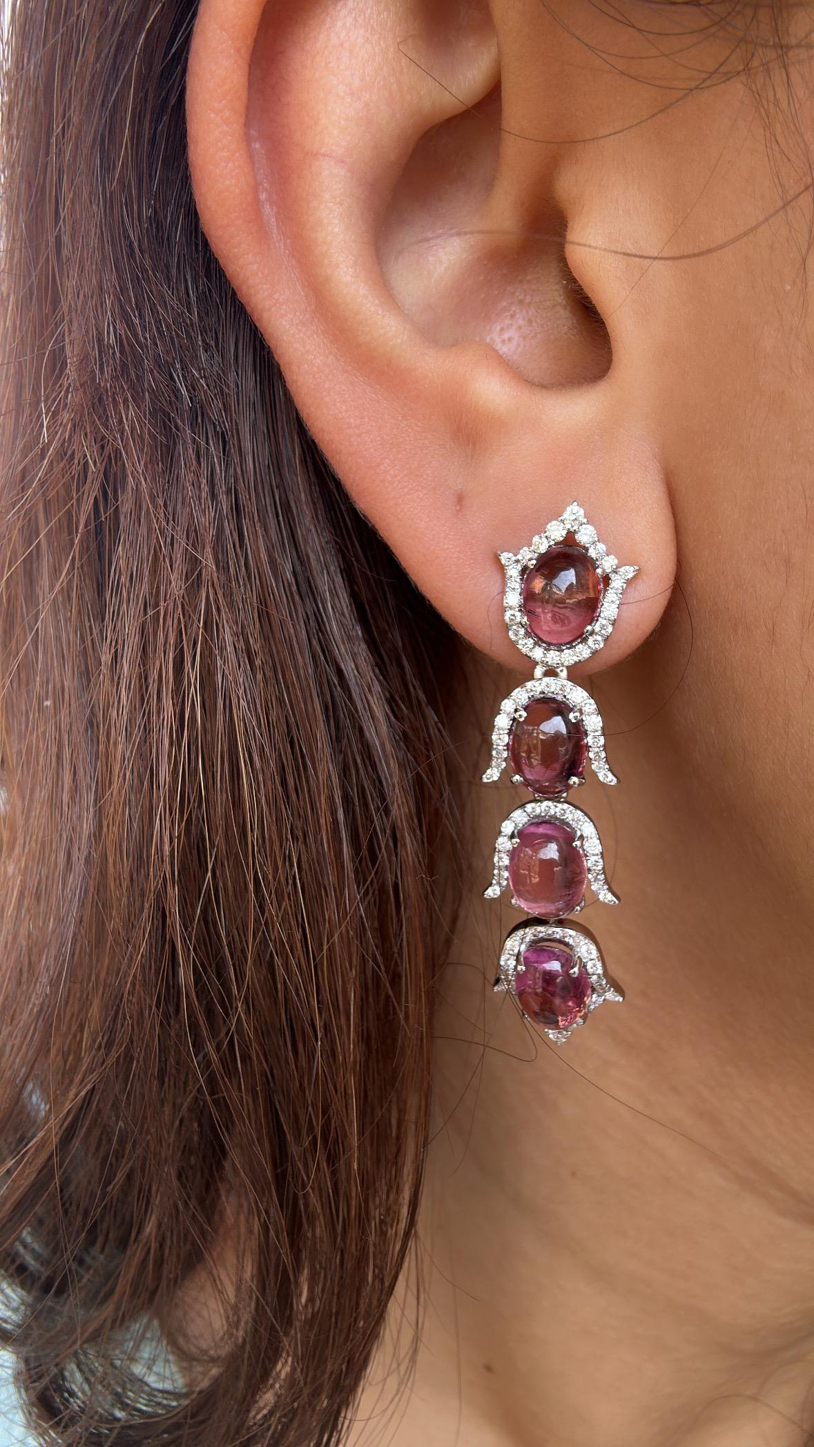 Set in 18K Gold, 12.98 carat, Rubellite cabochons & Diamonds Chandelier Earrings For Sale 3