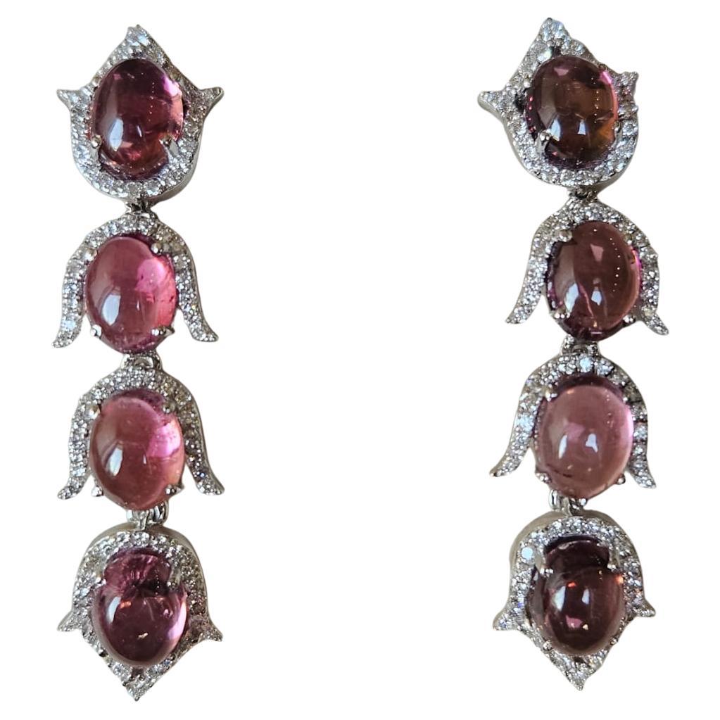 Set in 18K Gold, 12.98 carat, Rubellite cabochons & Diamonds Chandelier Earrings For Sale