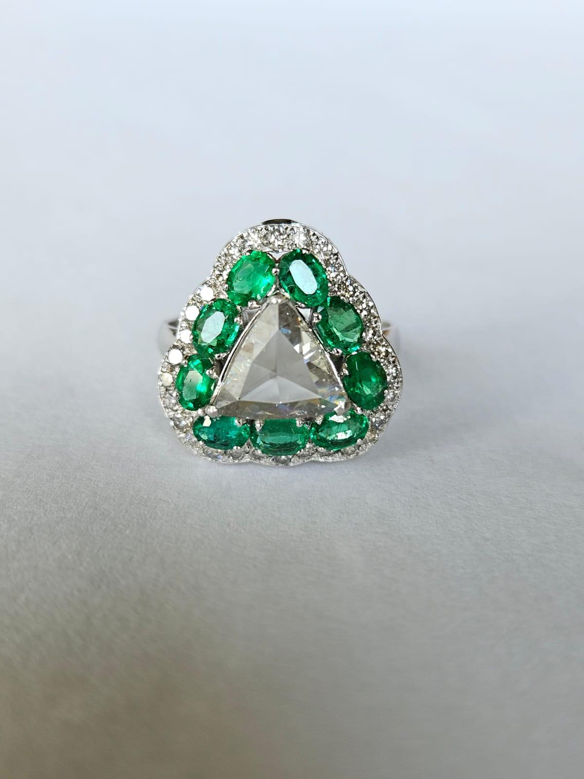 Set in 18K Gold, 1.31 carat Emerald & Rose Cut Diamonds Engagement Ring In New Condition In Hong Kong, HK