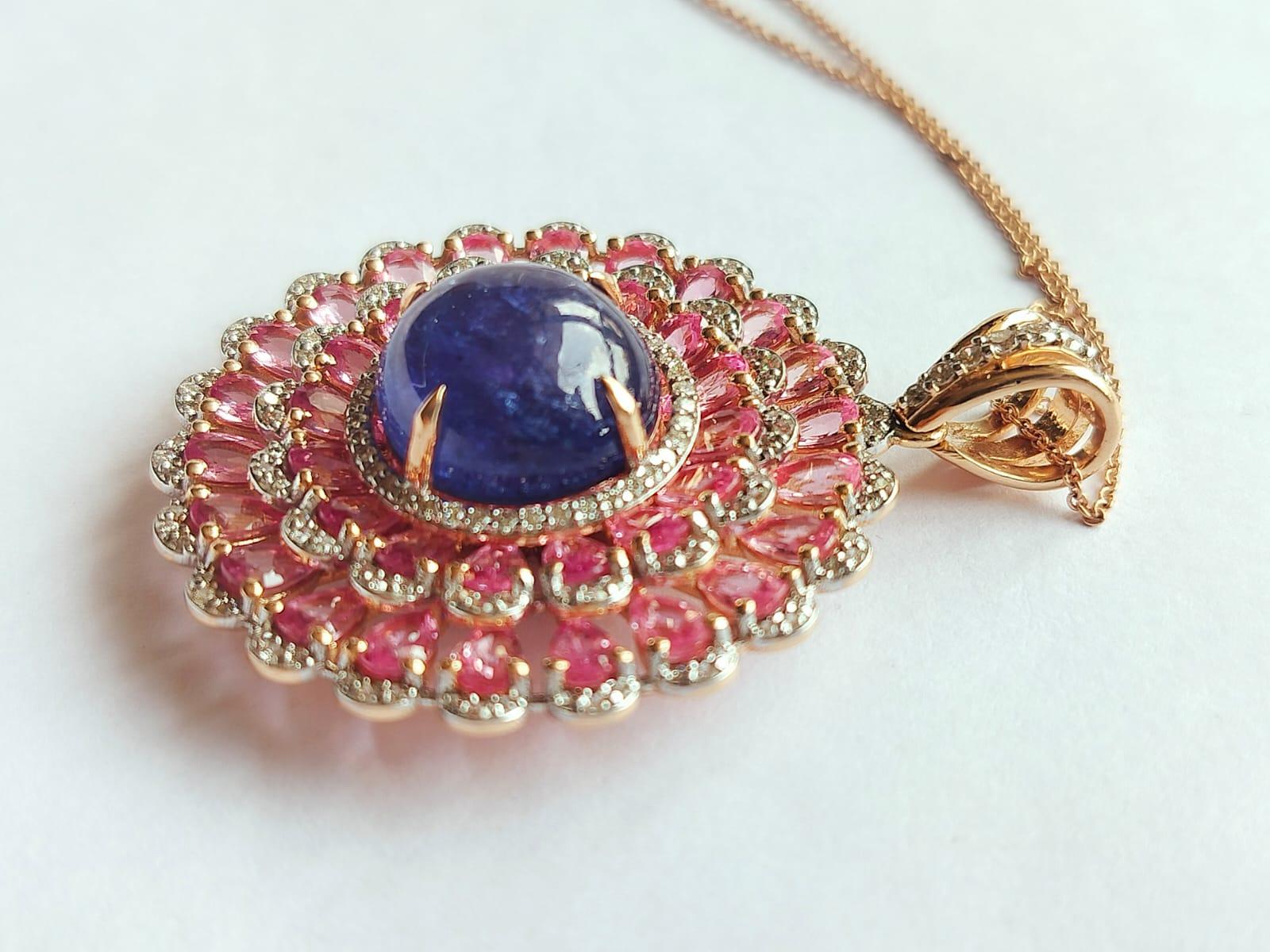 Modern Set in 18K Gold, 13.10 carat Tanzanite, Pink Sapphire & Diamond Pendant Necklace For Sale