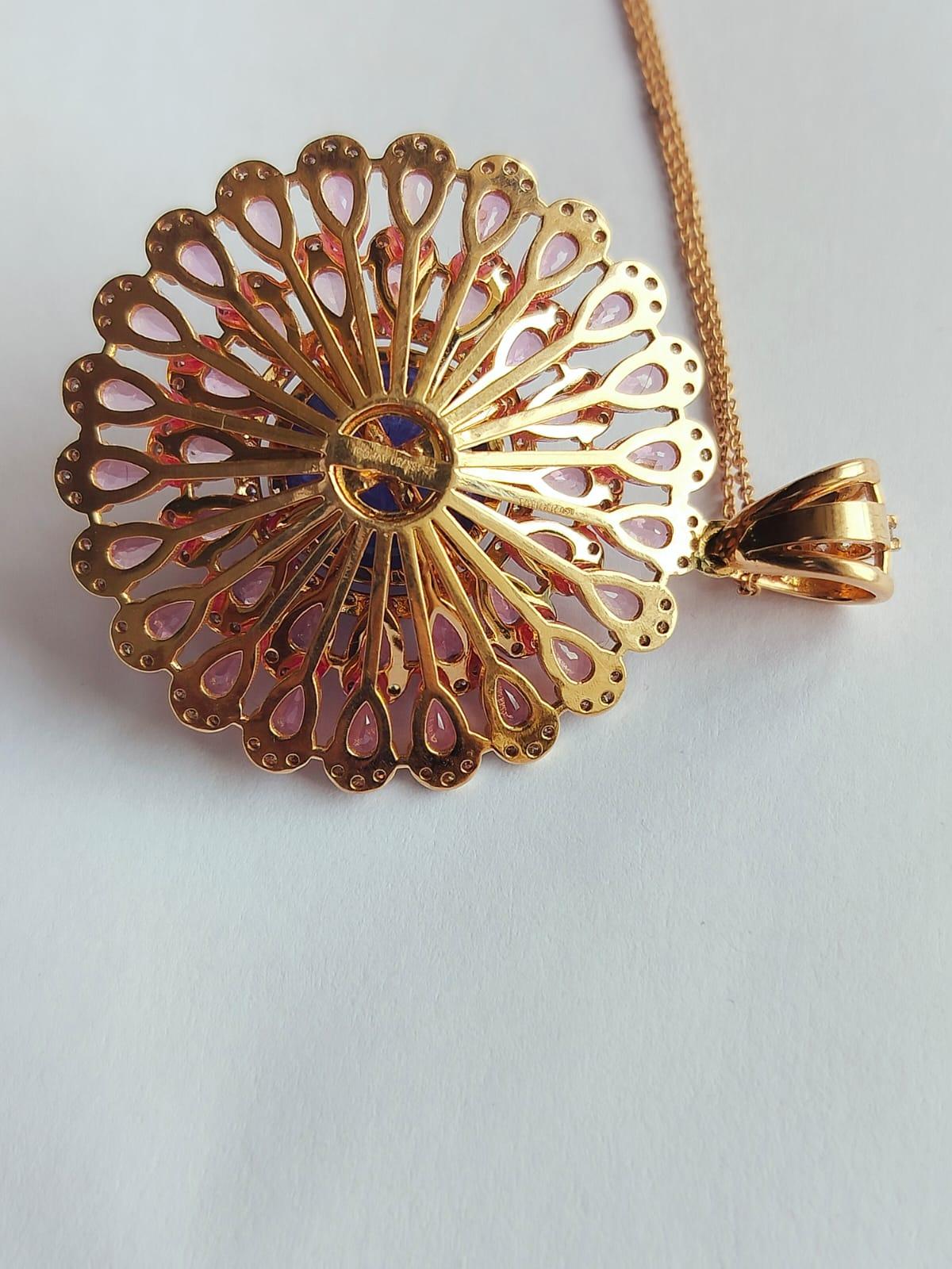 Rose Cut Set in 18K Gold, 13.10 carat Tanzanite, Pink Sapphire & Diamond Pendant Necklace For Sale
