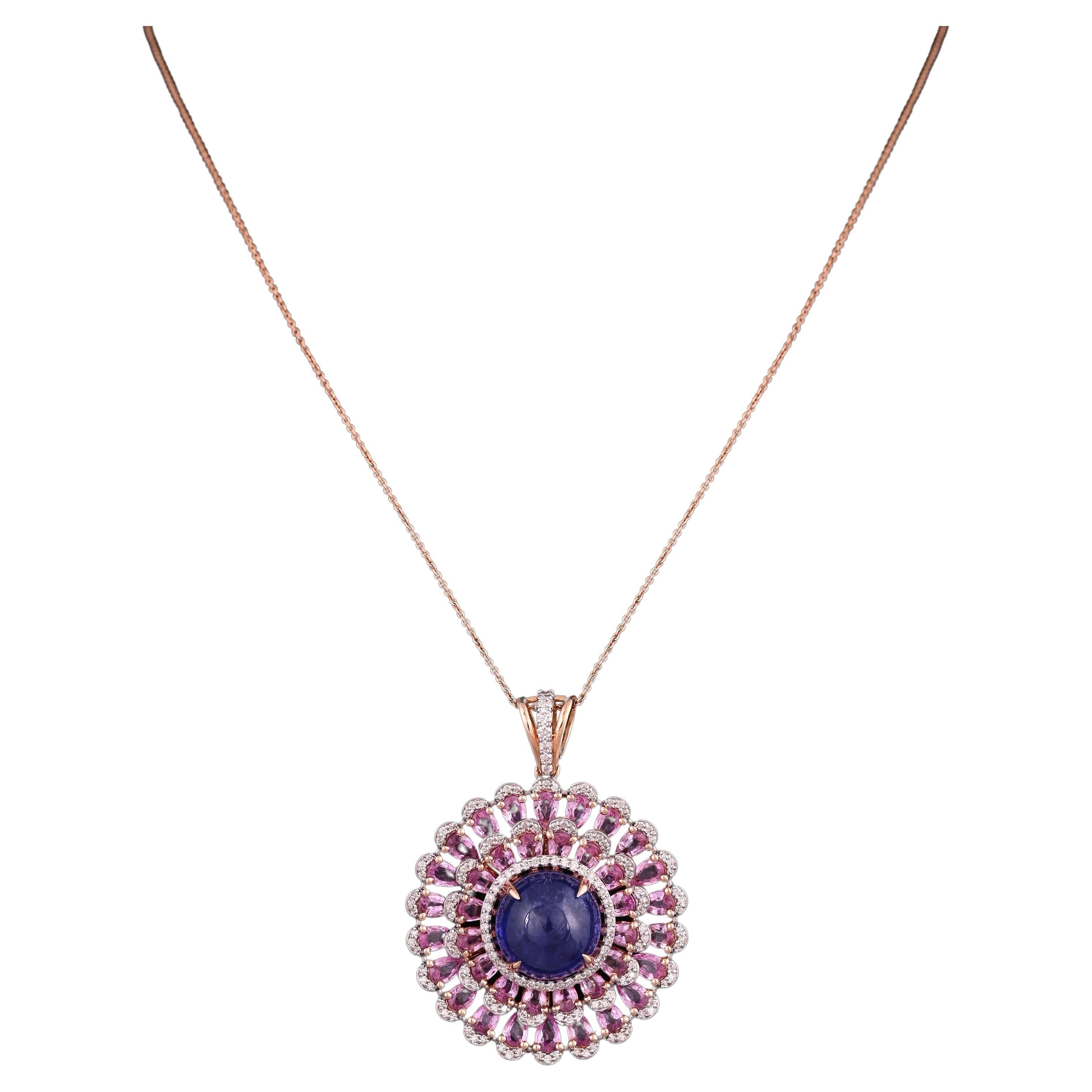 Set in 18K Gold, 13.10 carat Tanzanite, Pink Sapphire & Diamond Pendant Necklace For Sale