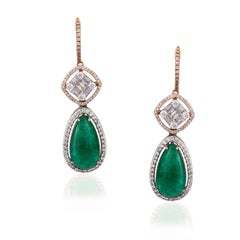 18 Karat Gold 13.39 Carat Zambian Emerald Cabochon and Diamond Dangle Earrings