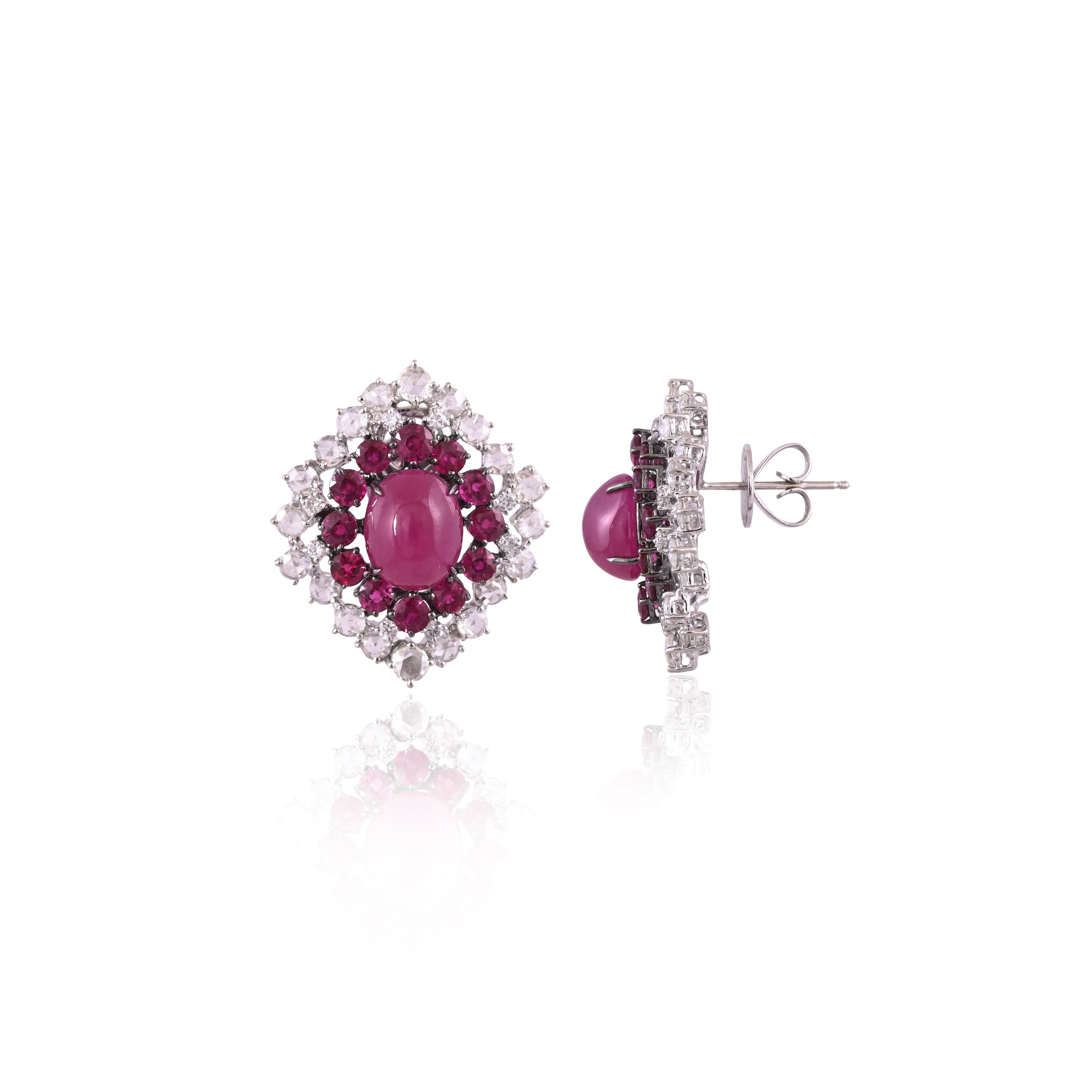 Art Deco Set in 18K Gold, 13.87 carats, Mozambique Ruby & Rose Cut Diamonds Stud Earrings