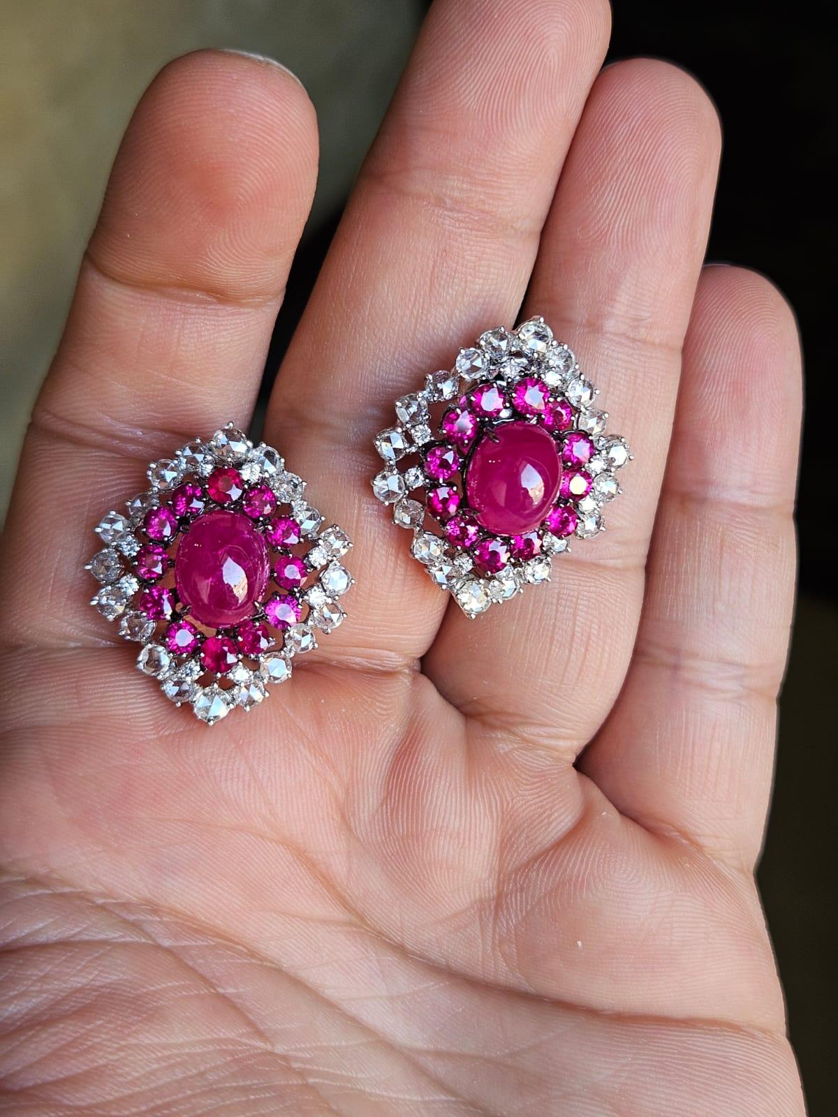 Cabochon Set in 18K Gold, 13.87 carats, Mozambique Ruby & Rose Cut Diamonds Stud Earrings