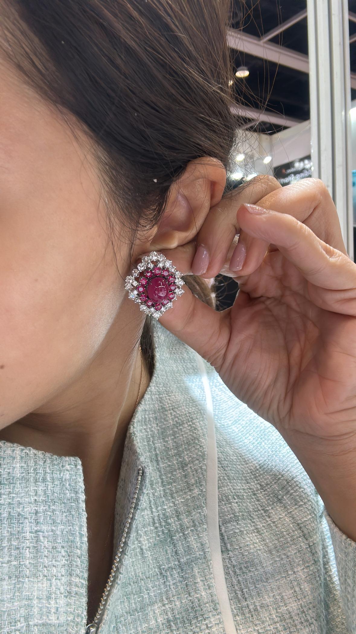 Set in 18K Gold, 13.87 carats, Mozambique Ruby & Rose Cut Diamonds Stud Earrings 1