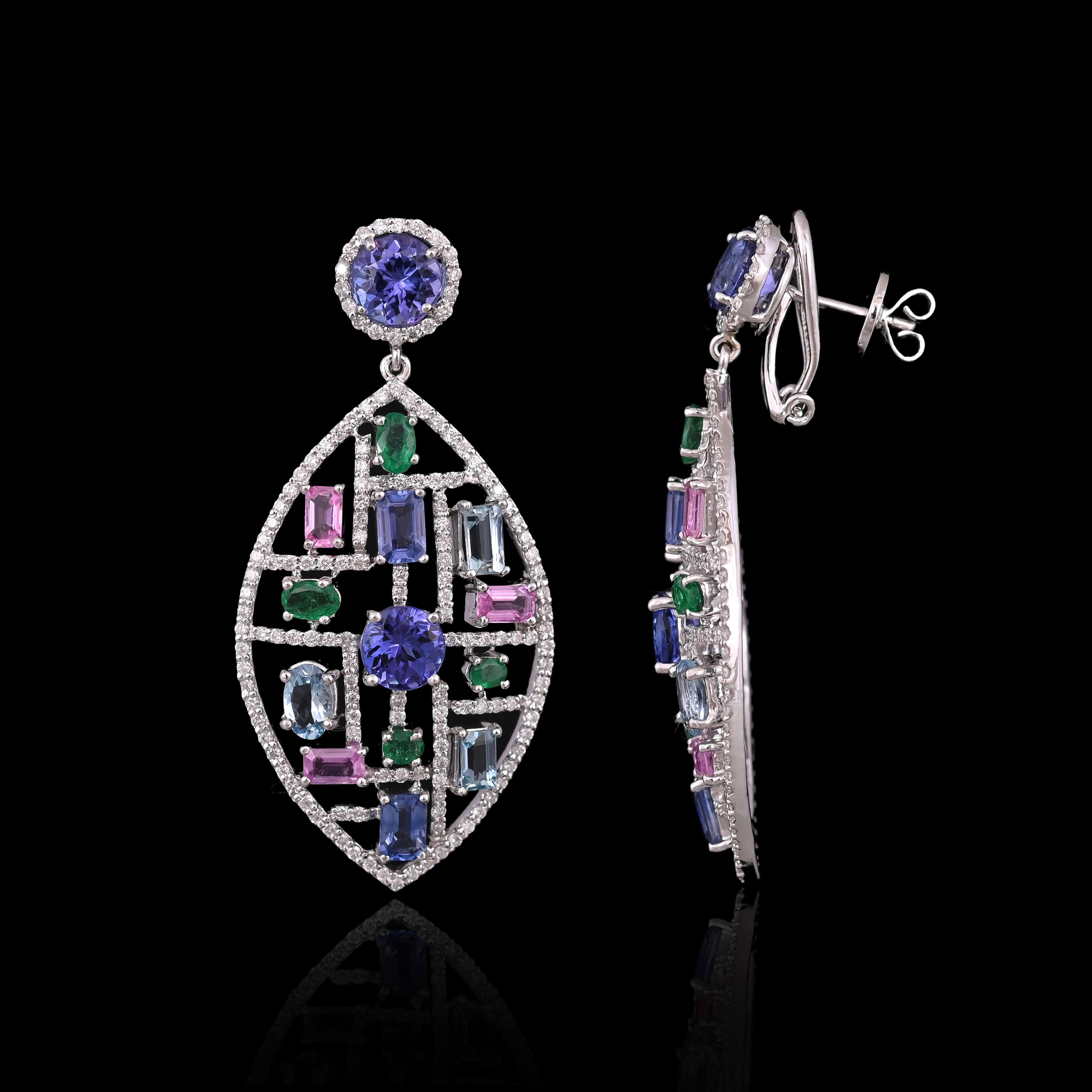 A very beautiful and gorgeous, Multi Sapphire Chandelier Earrings set in 18K White Gold & Diamonds. The weight of the Multi Sapphires is 13.89 carats. The mixed shape Multi Sapphires are of Ceylon (Sri Lanka) origin. The weigh of the Diamonds is