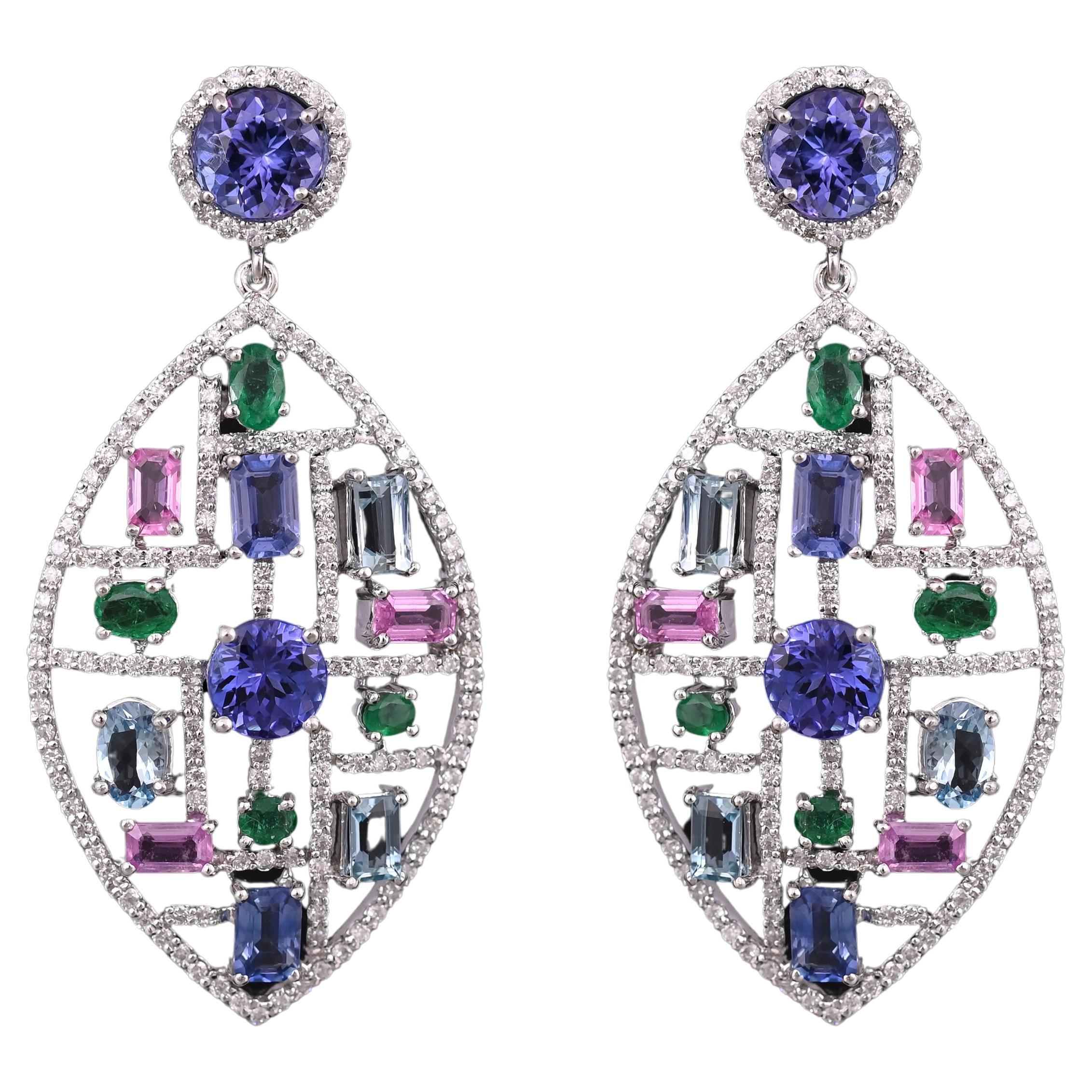 Set in 18K Gold, 13.89 carats, Multi Sapphires & Diamonds Chandelier Earrings For Sale