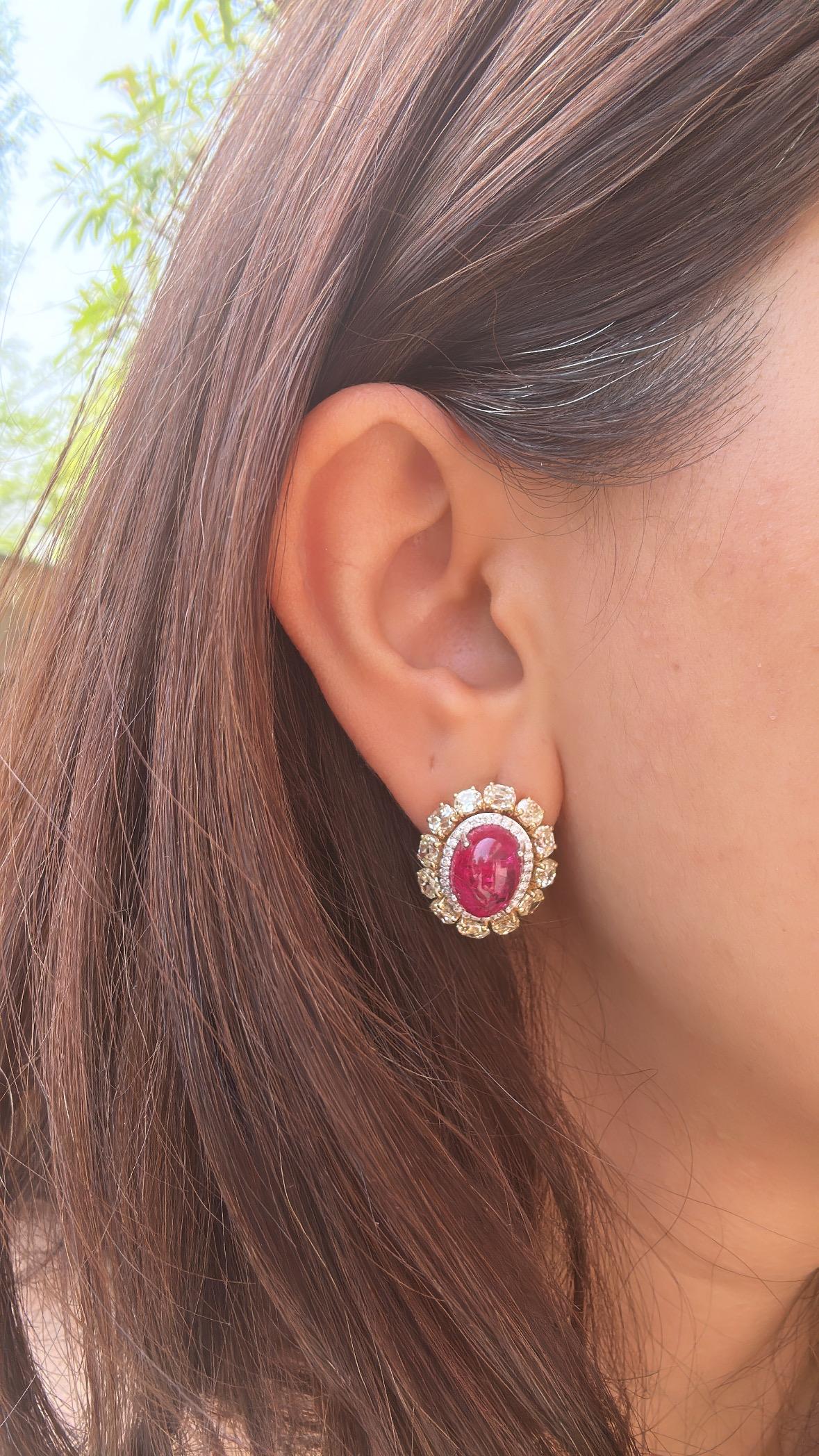 Set in 18K Gold, 13.98 carat Burmese Ruby Cabochon & Yellow Diamond Stud Earring For Sale 5