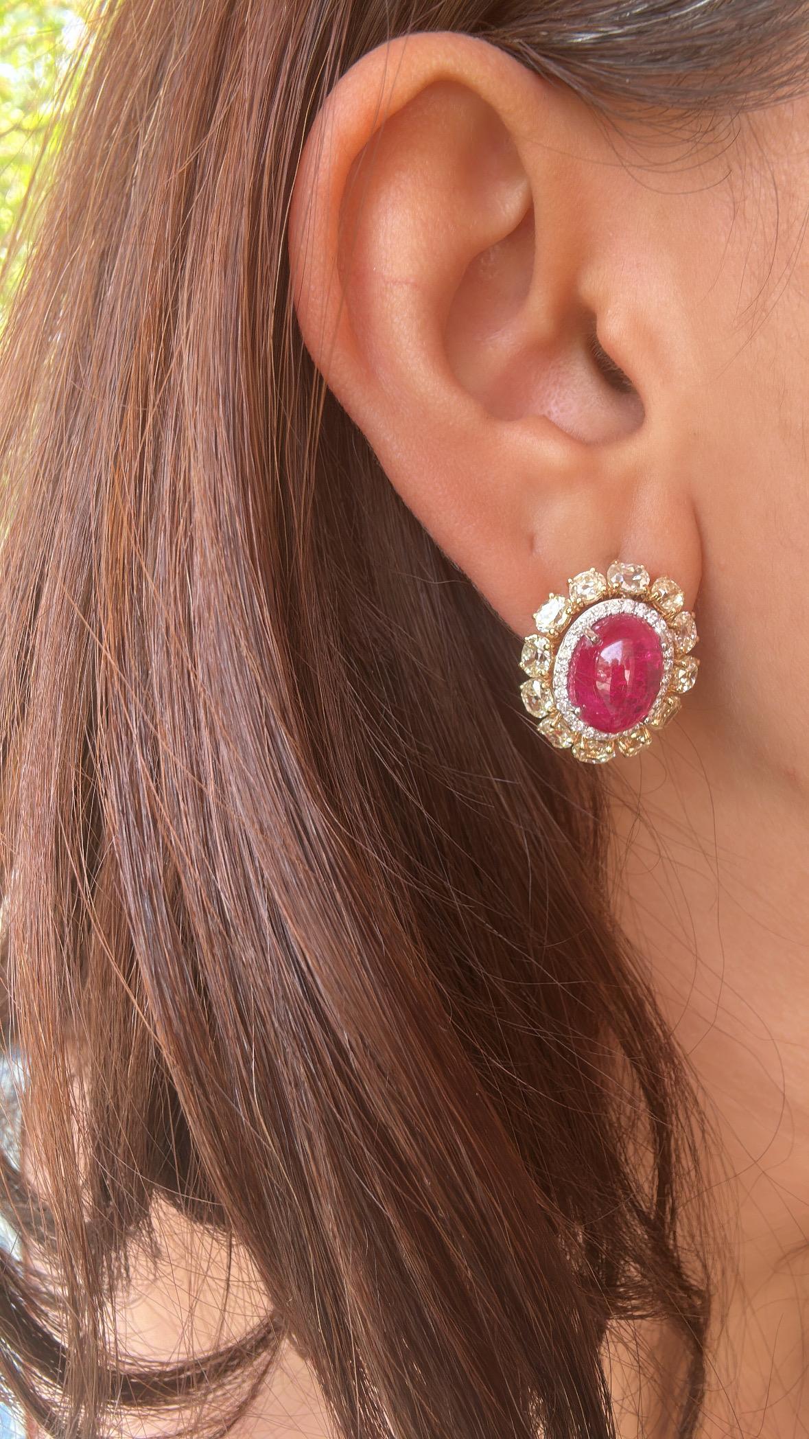 Set in 18K Gold, 13.98 carat Burmese Ruby Cabochon & Yellow Diamond Stud Earring For Sale 7