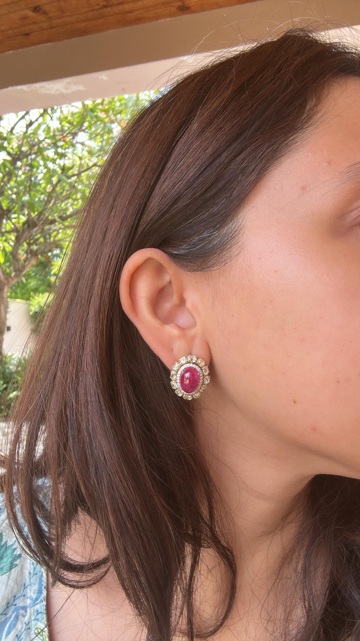 Set in 18K Gold, 13.98 carat Burmese Ruby Cabochon & Yellow Diamond Stud Earring For Sale 8