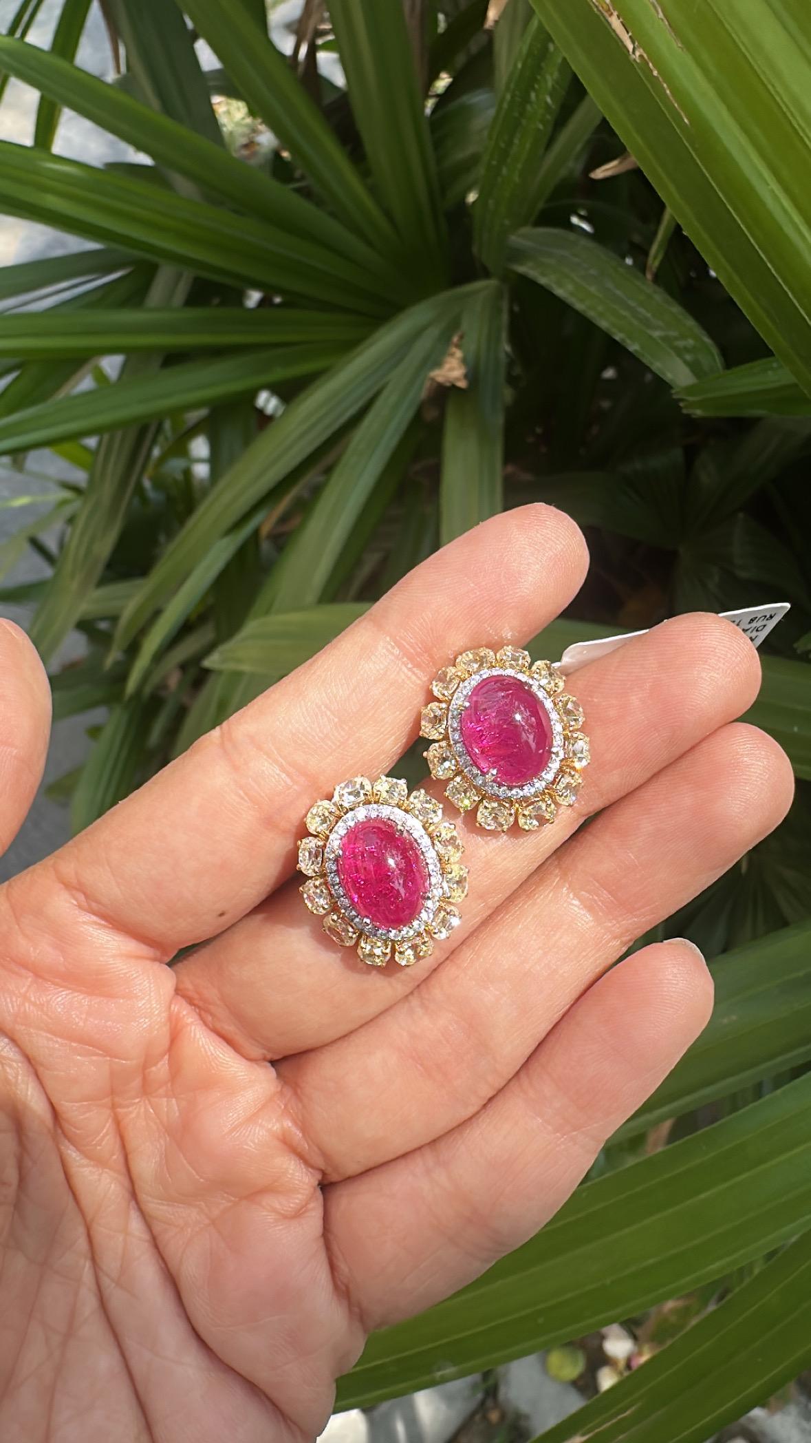 Set in 18K Gold, 13.98 carat Burmese Ruby Cabochon & Yellow Diamond Stud Earring For Sale 1