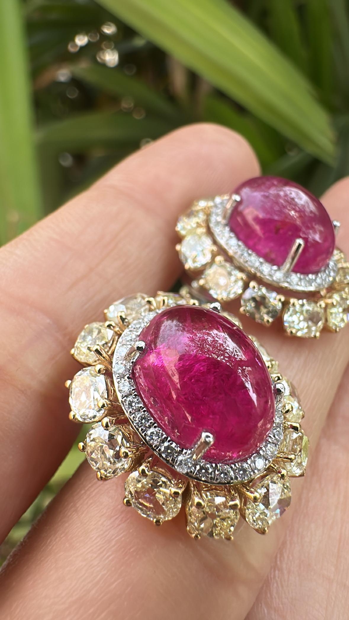 Set in 18K Gold, 13.98 carat Burmese Ruby Cabochon & Yellow Diamond Stud Earring For Sale 3