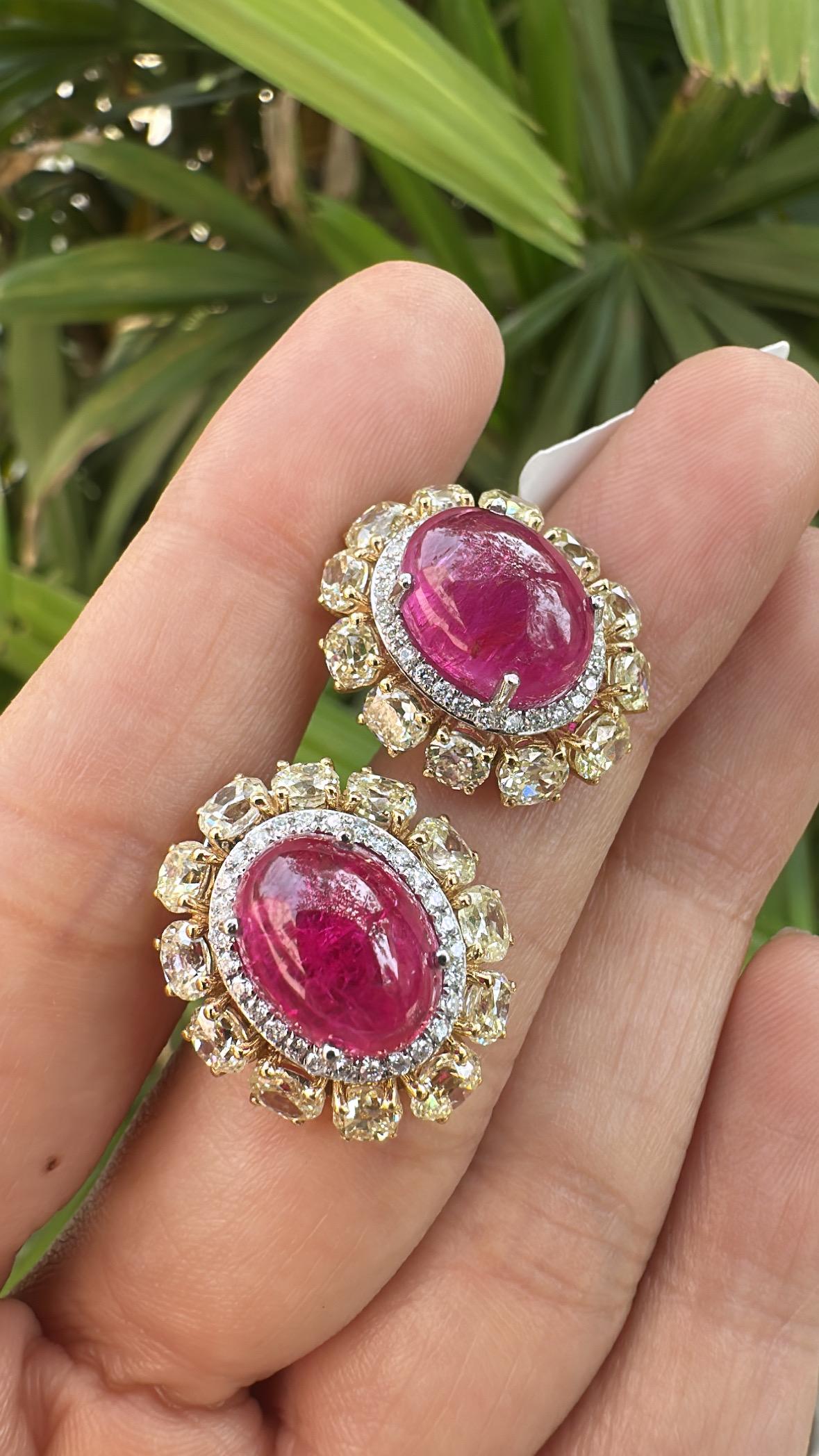 Set in 18K Gold, 13.98 carat Burmese Ruby Cabochon & Yellow Diamond Stud Earring For Sale 4
