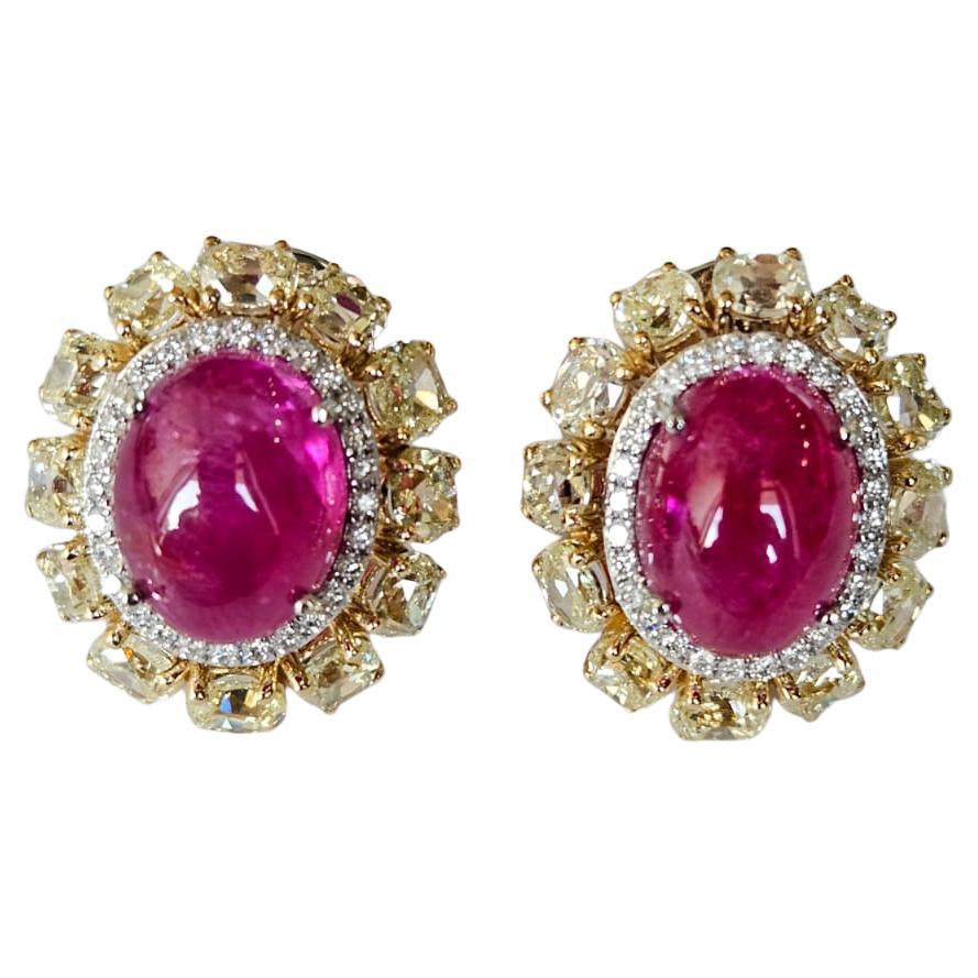 Set in 18K Gold, 13.98 carat Burmese Ruby Cabochon & Yellow Diamond Stud Earring For Sale