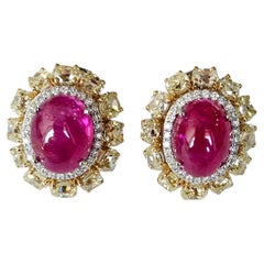 Set in 18K Gold, 13.98 carat Burmese Ruby Cabochon & Yellow Diamond Stud Earring