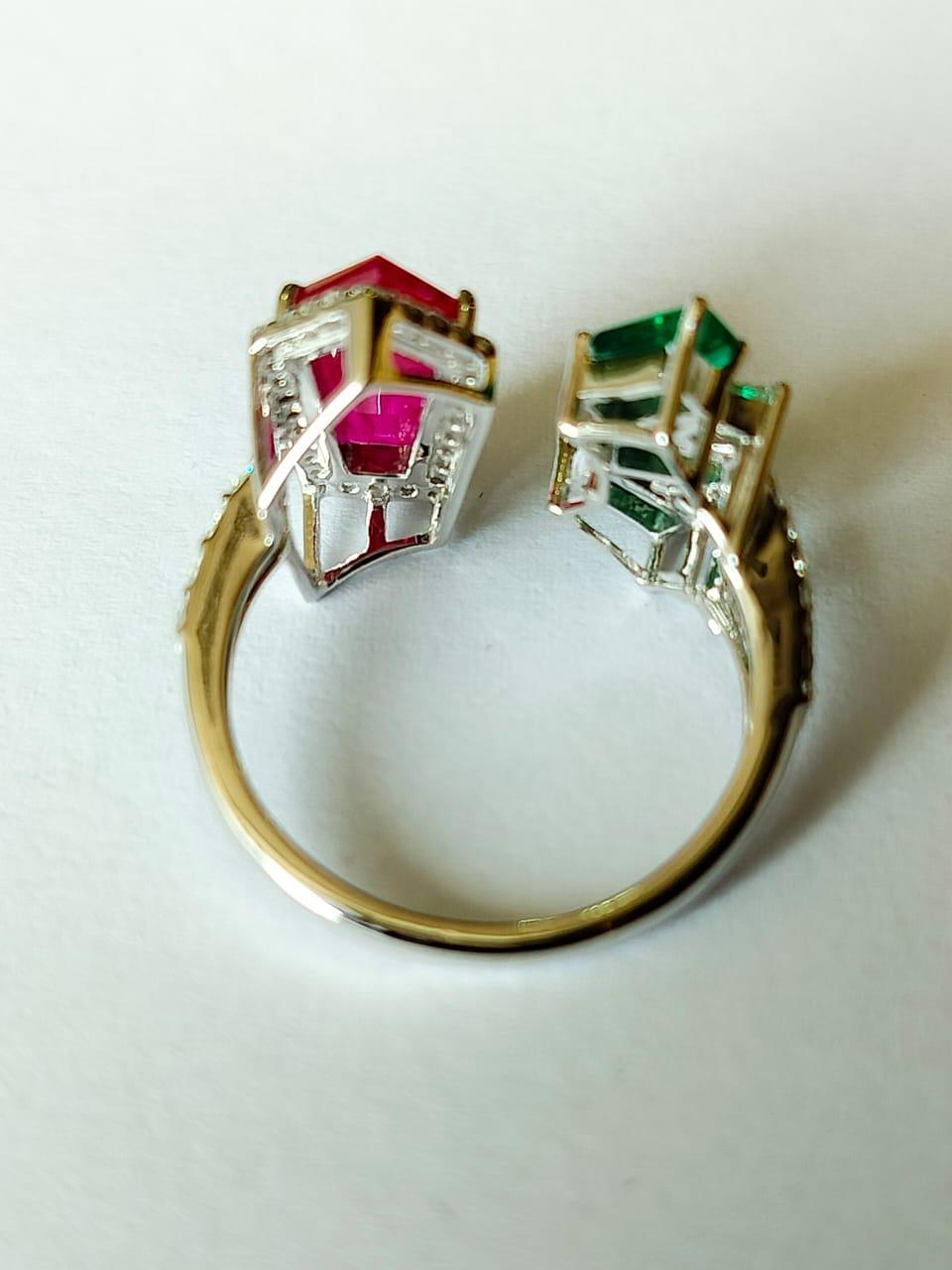 Emerald Cut Set in 18K Gold, 1.41 carats natural Ruby, Emerald & Diamonds Engagement Ring For Sale