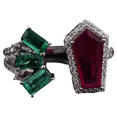 Set in 18K Gold, 1.41 carats natural Ruby, Emerald & Diamonds Engagement Ring