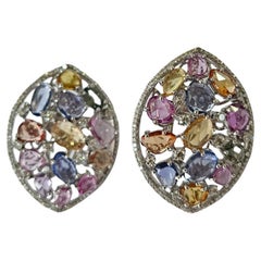 Set in 18K Gold, 14.84 carats Ceylon Multi Sapphires & Diamonds Stud Earrings
