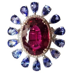Set in 18K Gold, 14.88 carats, Rubellite, Tanzanites & Diamonds Engagement Ring