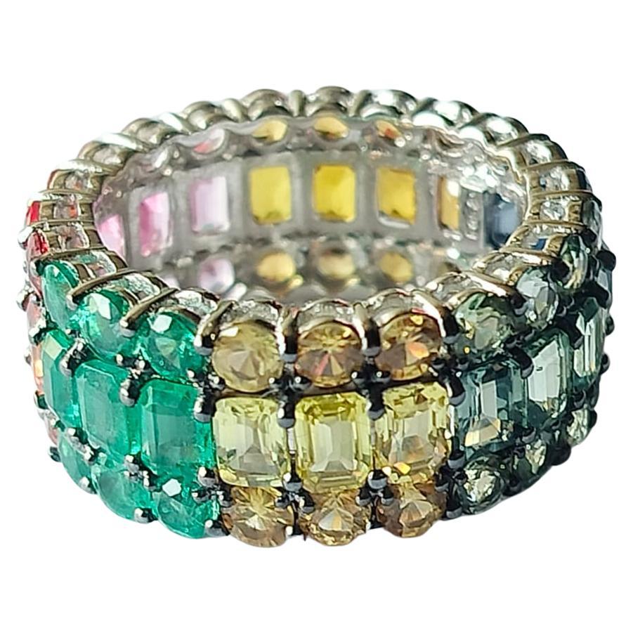 Set in 18K Gold, 1.49 Carats Emerald & 9.59 carats Multi Sapphires Cocktail Ring For Sale