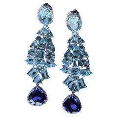 Set in 18K Gold, 14.95 carats Tanzanites, Aquamarines & Diamonds Dangle Earrings