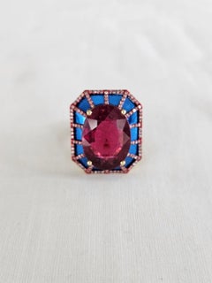 Set in 18K Gold, 15.16 carats Tourmaline,  Blue Ceramic & Diamonds Cocktail Ring