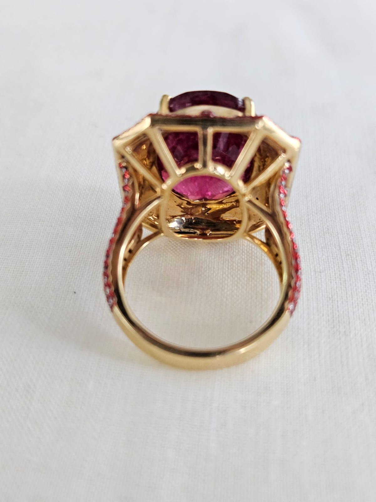 Art Deco Set in 18K Gold, 15.16 carats Tourmaline,  Blue Ceramic & Diamonds Cocktail Ring For Sale
