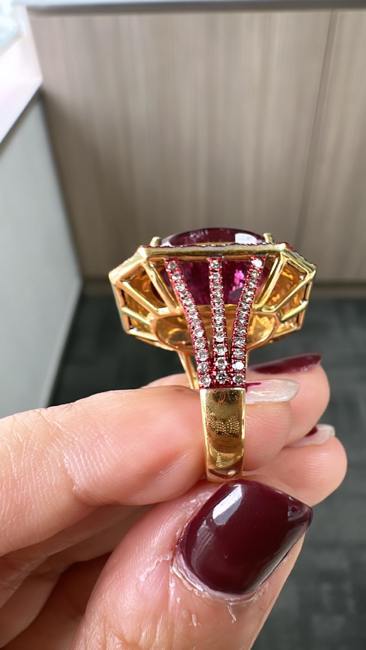 Women's or Men's Set in 18K Gold, 15.16 carats Tourmaline,  Blue Ceramic & Diamonds Cocktail Ring For Sale