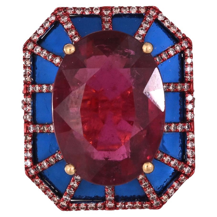 Set in 18K Gold, 15.16 carats Tourmaline,  Blue Ceramic & Diamonds Cocktail Ring For Sale