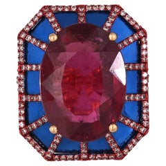 Engastada en Oro de 18 quilates, Turmalina de 15,16 quilates,  Anillo de Cóctel de Cerámica Azul y Diamantes